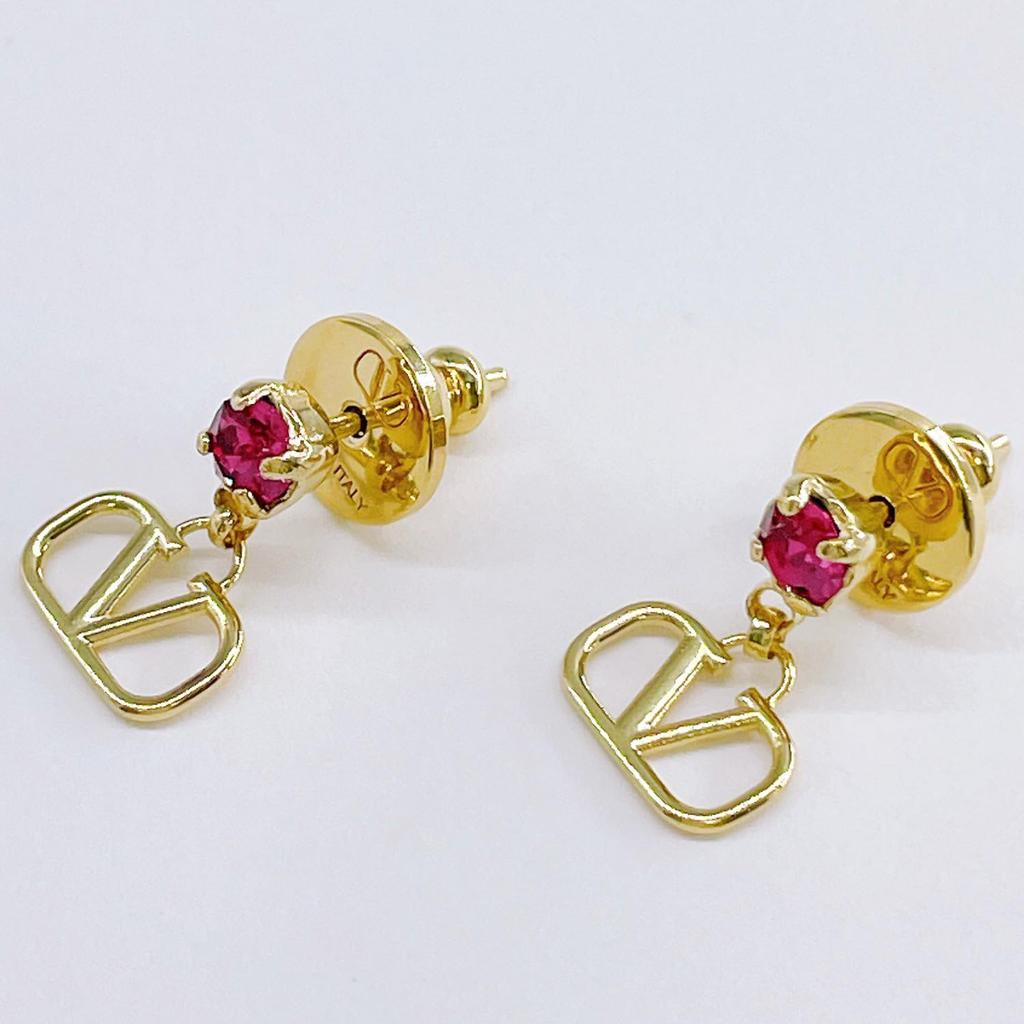 Valentino V Logo Signature Metal Crystal Stud Earrings 5W2J0H29 YCW 7CR Gold/Fuchsia [Item]