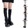 Women Japanese Ribbed Leggings Gaiters with Lace Up Bandage Aesthetic Ruffle Trim Thigh High Leg Warmers Footless Socks