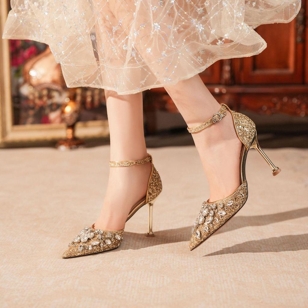 Élégants Talons Hauts à Paillettes avec Une Bride en Strass – Parfaits pour les Mariages et les Banquets