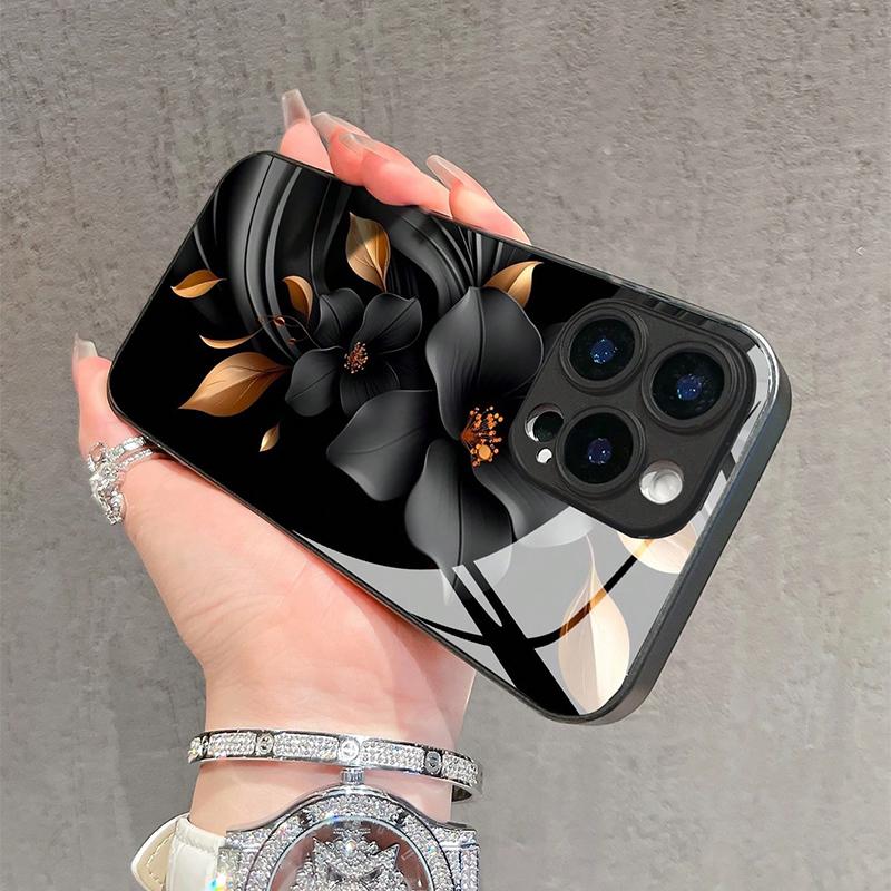 Black Flower Golden Leaf Pattern Tempered Glass Phone Case For iPhone 17 16 15 14 13 12 11 Pro Max 17Air 16E 7 8 Plus XS X Cover