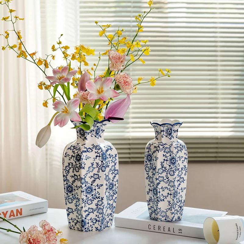 Octagonal Pastoral Ceramic Vase Blue and White Porcelain Hand-painted High-end Living Room Entrance Flower Arrangement Water