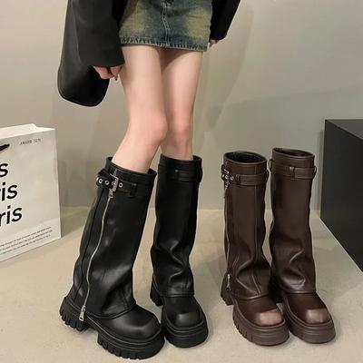 Winter Damen Bikerstiefel Mode Gürtelschnalle Damen Elegante Plateau Lange Rohrstiefeletten Lässige Damen Kniehohe Stiefel
