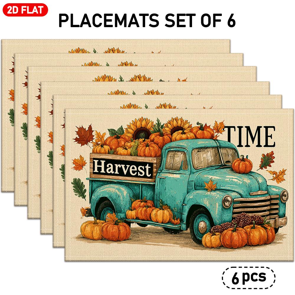 4pcs/6pcs Harvest Placemats Suitable for Autumn Table Decor with Blue Truck, Pumpkin, Sunflower & Maple Leaf Patterns - Table for Fall Kitchen Dining,