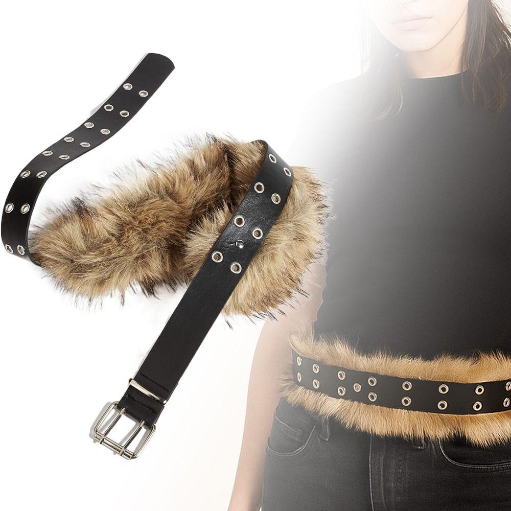 Vintage Trendy Design Faux Fur Belts Y2K All-match Rivet Buttonhole Belt Punk Waist Belts Women Fashion