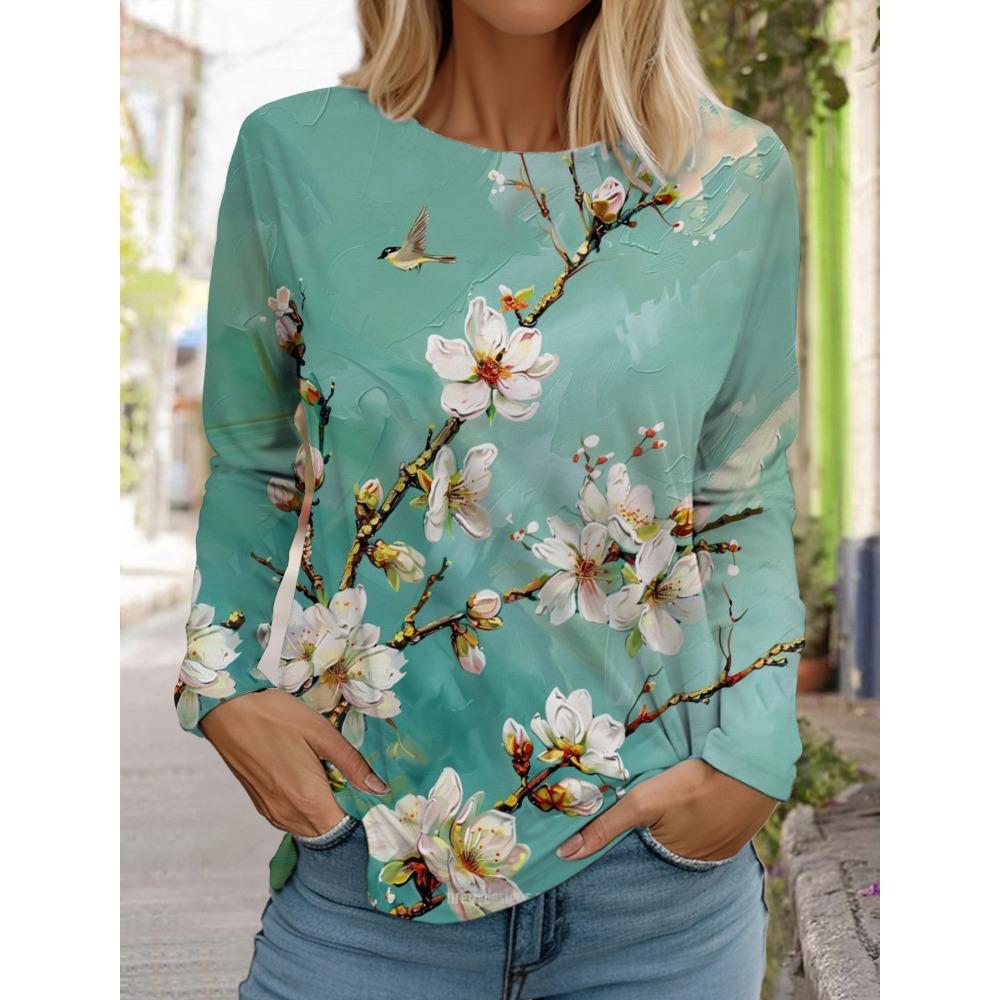 Women's Printed Flower T-shirt Fashion Long Sleeved Round Neck Regular Tops Spring and Autumn Wear