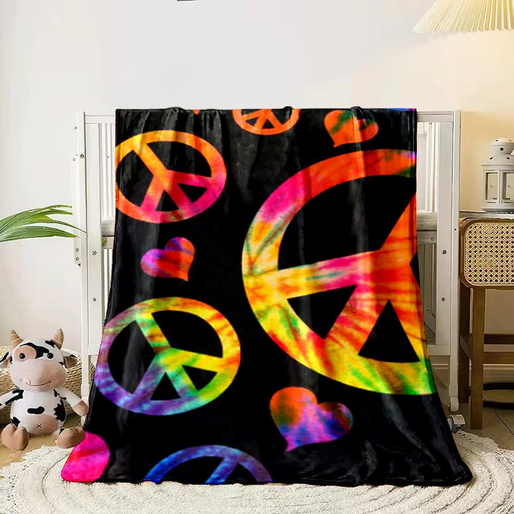 Tie-Dye Peace Symbols and Hearts Blanket Flannel blanket for bedroom, living room, sofa, and nap sofas.