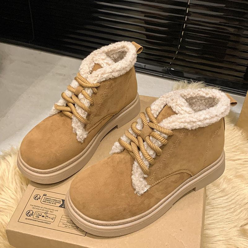 Winter new thick-soled outer wear velvet knight boots warm medium tube Martin boots lace-up fluffy snow boots women