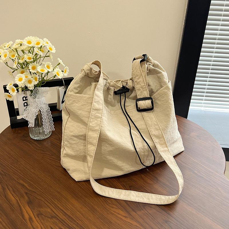 Washed Fabric Pleats Bucket Bag, Made Waterproof Nylon Drawstring Fold Cross Body Bags, Casual Versatile Shoulder Messenger Bag