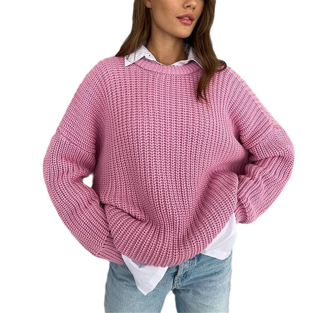 Autumn/Winter Women's Loose Round Neck Solid Color Knit Cardigan Sweater
