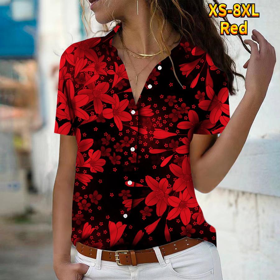 2025 Sommer Ny Mote Dame Blomsterprint Kortermet V-hals Casual Knappedown Skjorte Topp