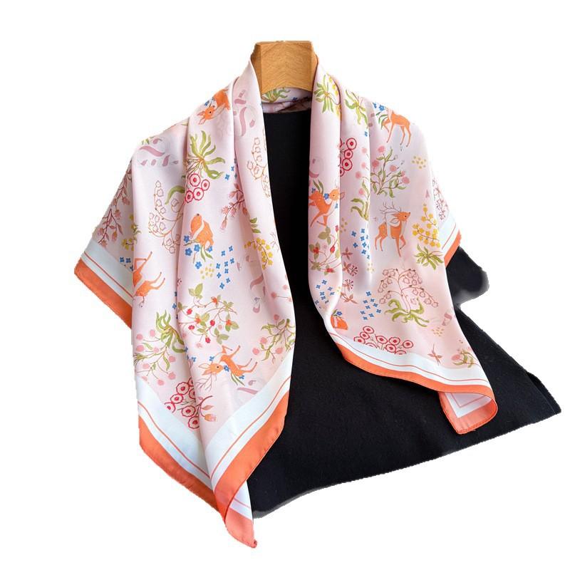 Deer Flower Simulation Silk High-end Large Square Scarf Silk Scarf Printed Shawl Versatile Scarf Sunscreen Scarf Headscarf Scarf