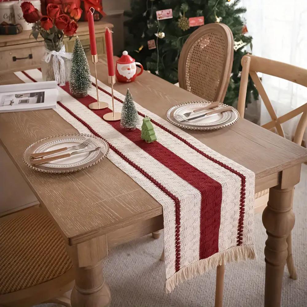 Table flag farmhouse style, natural coarse linen Bohemian table flag modern farmhouse decoration, simple woven cotton crochet la