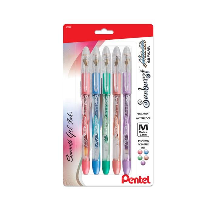 Pentel Sunburst Metallic Gel Pen, M Line, Permanent, Assorted Ink, 5 Count (K908MBP5 M1)