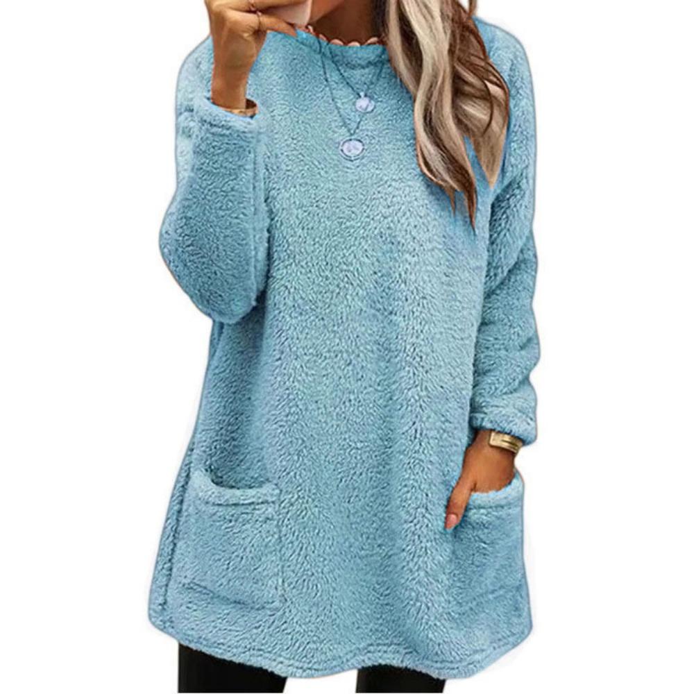 Women Loose Fleece Sweatshirt Coats Autumn Winter O-Neck Pocket Long Sleeve Pullover Sweatshirt Tops Long Sleeve with Pockets