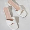 2025 Summer New Fashion Open Toe Solid Color Simple Leather Surface Versatile Color Large Slippers Square Heel Shoes Women