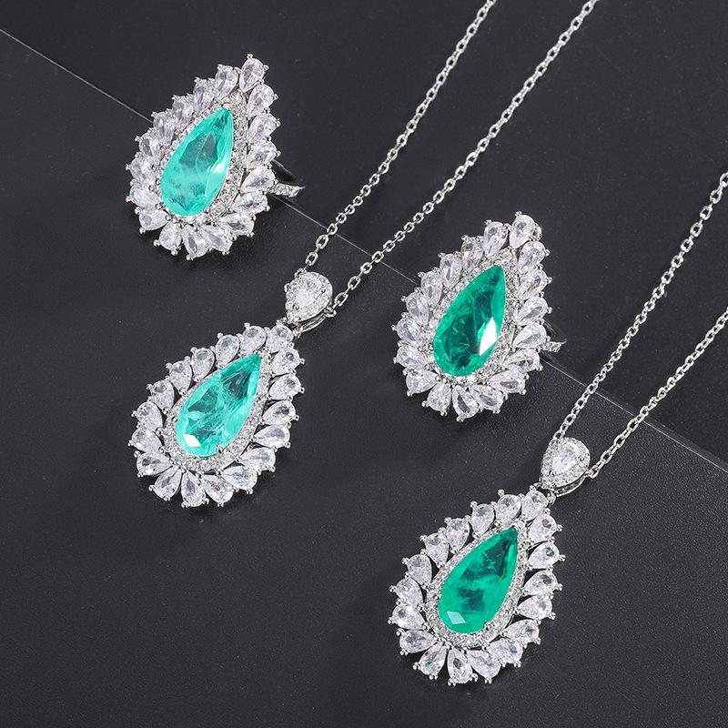 Retro Quadrat Smaragd Anhänger Grenzüberschreitend Paraiba Halskette Schmuck Ring Zubehör Set