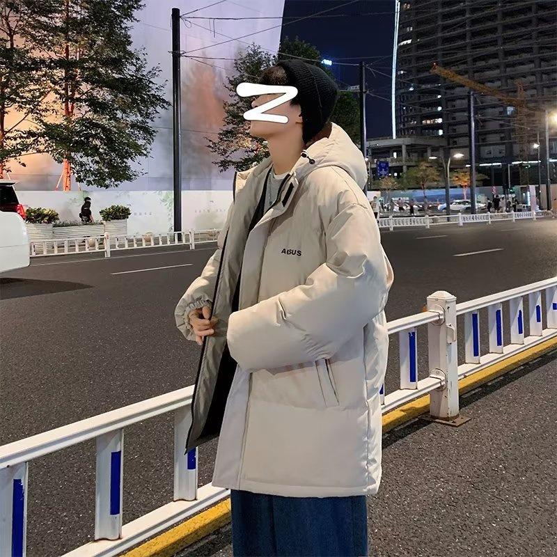 Hong Kong Style Men’s Thick Winter Stand Collar Jacket – Loose Fit, Solid Color, Printed Trendy Design