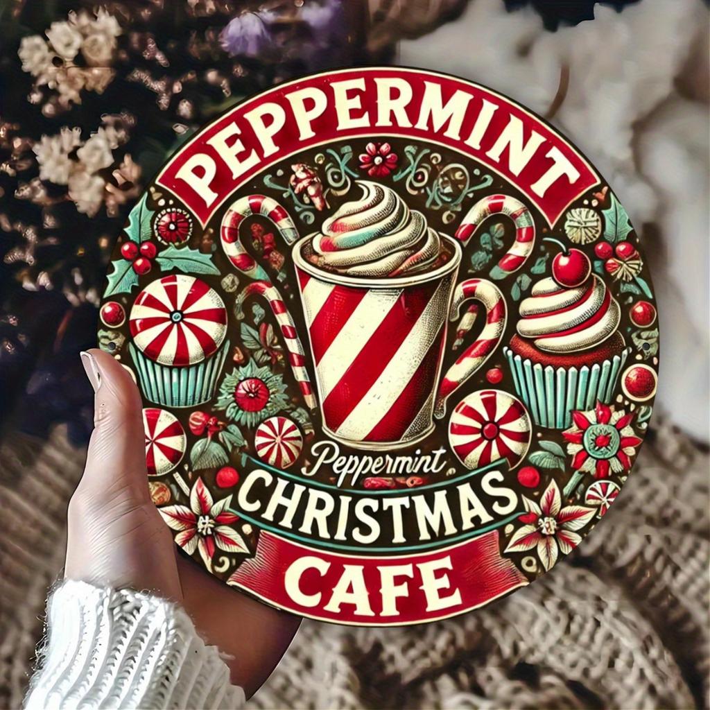 D Flat Pc Peppermint Christmas Cafe Metal Wall Art Sign Aluminum RustProof Waterproof Holiday Decor with D HD Print