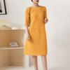 Womens Loose Fit Solid Color Round Neck 7/8 Sleeve Pleated Midi Dress Office Casual Wear