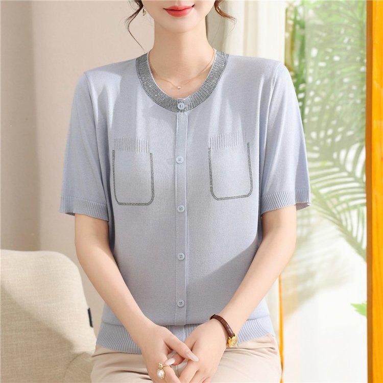 Elegant Ice Silk Short-Sleeve Knitted Top for Middle-Aged Women