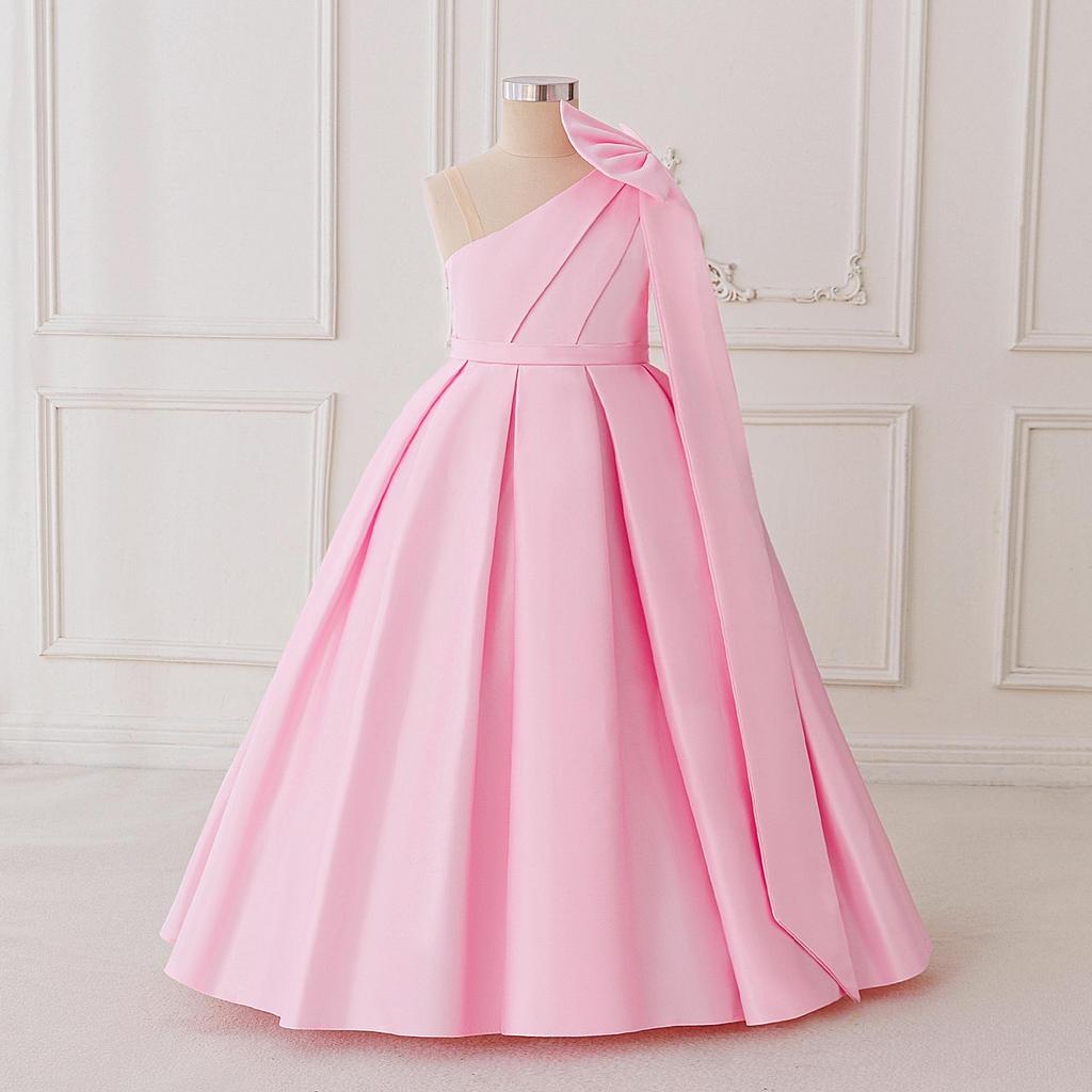 Big Kid One-Shoulder Satin Princess Dress with Bow - Formal Wedding & Runway Costume