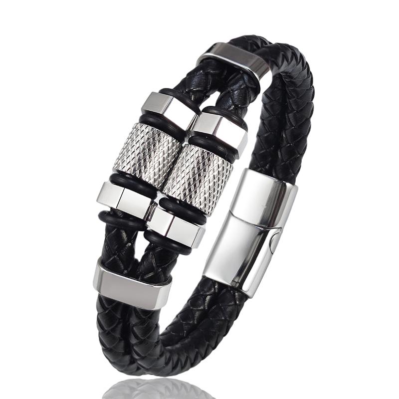 

Charm Hexagon Leather Bracelet for Men Fashion Punk Stainless Steel Magnetic Clasp Bracelet Jewelry Pineapple Grain Accessories 18.5cm