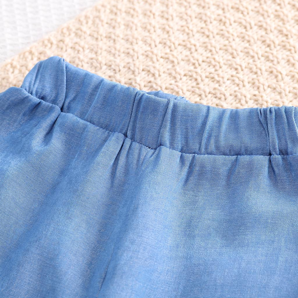 Neues 2025 Sommer Kinder Mode Zweiteiler für Mädchen Oberteil + Weitbeinige Hose Blauer Anzug Schuluniform