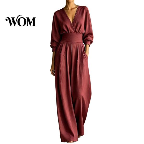 Everyday Wear Jumpsuit Women's Long Sleeve Jumpsuit, Deep V Neck Loose Wide Leg Women Rompers, High Waist Summer Casual One Piece Outfits with Pockets