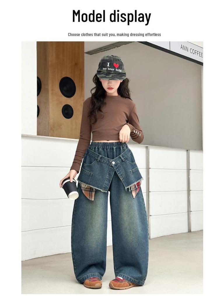Girls' Wide-Leg Autumn Jeans - Trendy Floor-Length Trousers for Middle Schoolers