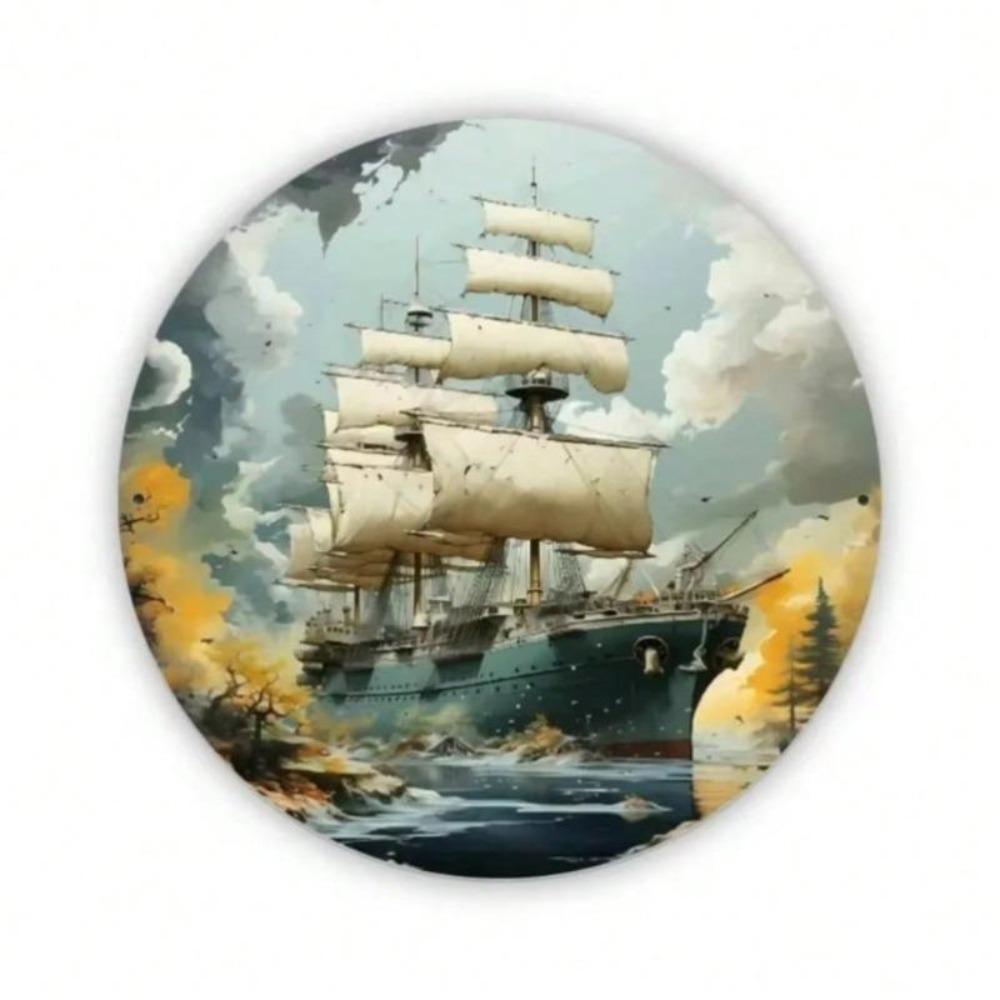 Nautical Ship Stormy Sea Round Metal Wall Art Iron Sign Home Bar Decor