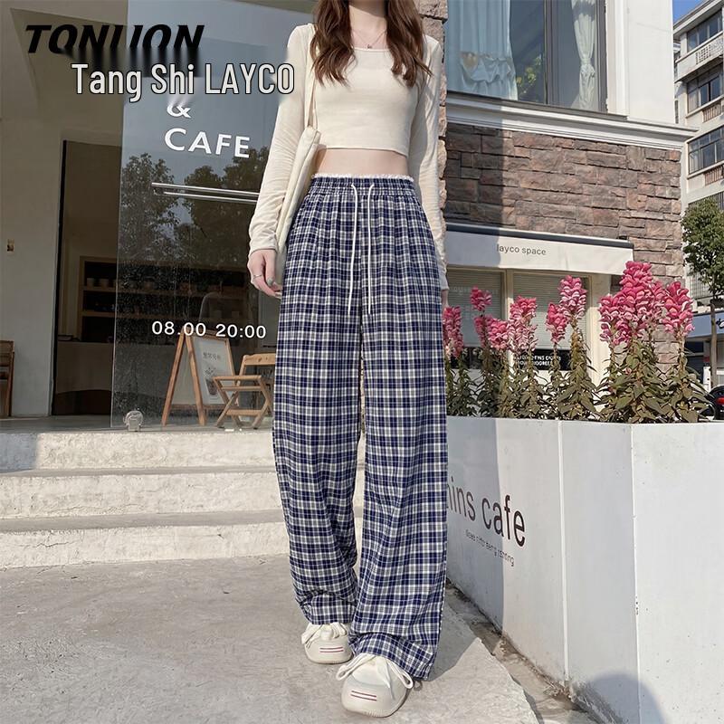 TonLion Women s Plaid Wide-Leg Casual Pants M