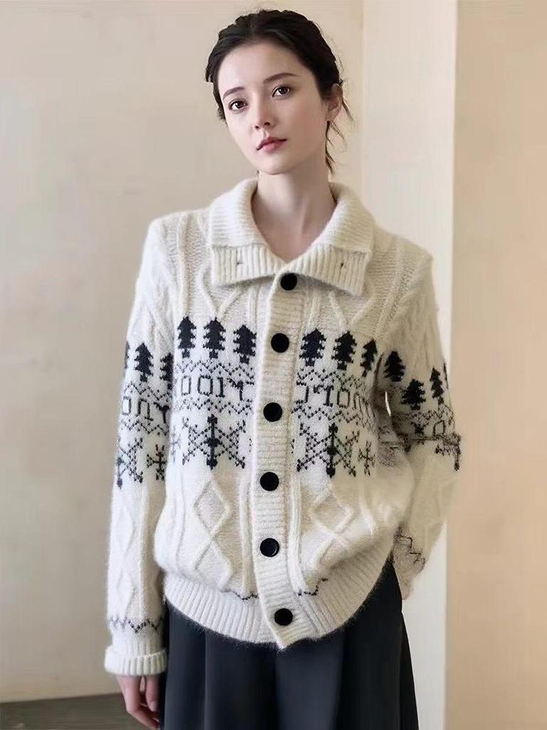 Heavyweight 100% Pure Wool High Neck Fair Isle Jacquard Cardigan Sweater - Autumn/Winter Collection