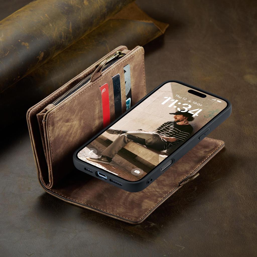 CaseMe-008 For iPhone 16 Pro Max Removable 2-in-1 Zipper Wrise Strap Multi-functional Wallet Case Card Slots Phone Cover