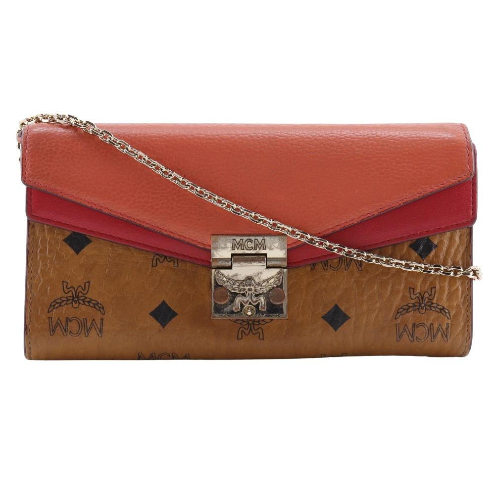 MCM Patricia Kette Brieftasche Colorblock Vicetos Braun / Rosa Leder/PVC Damen Gebraucht