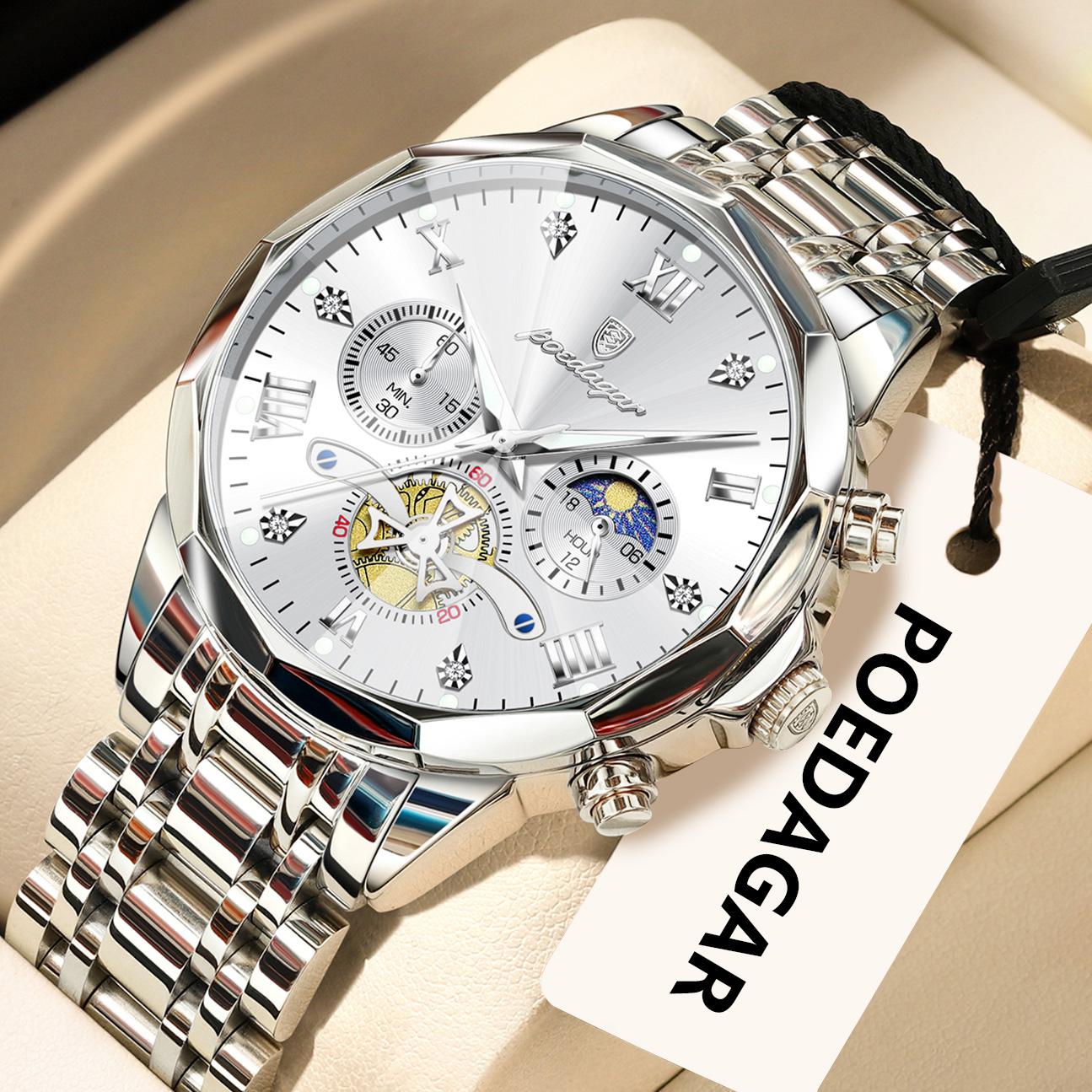 

Luxury Men s Watch Waterproof Luminous Chronograph Men Wristwatch Stainless Steel Quartz Watches For Man срібний/білий