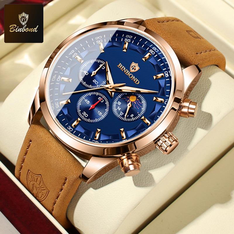BINBOND Luxury Man Quartz Watch Waterproof Luminous Pointer Chronograph Leather Men's Wristwatch Military Sports Male Watch