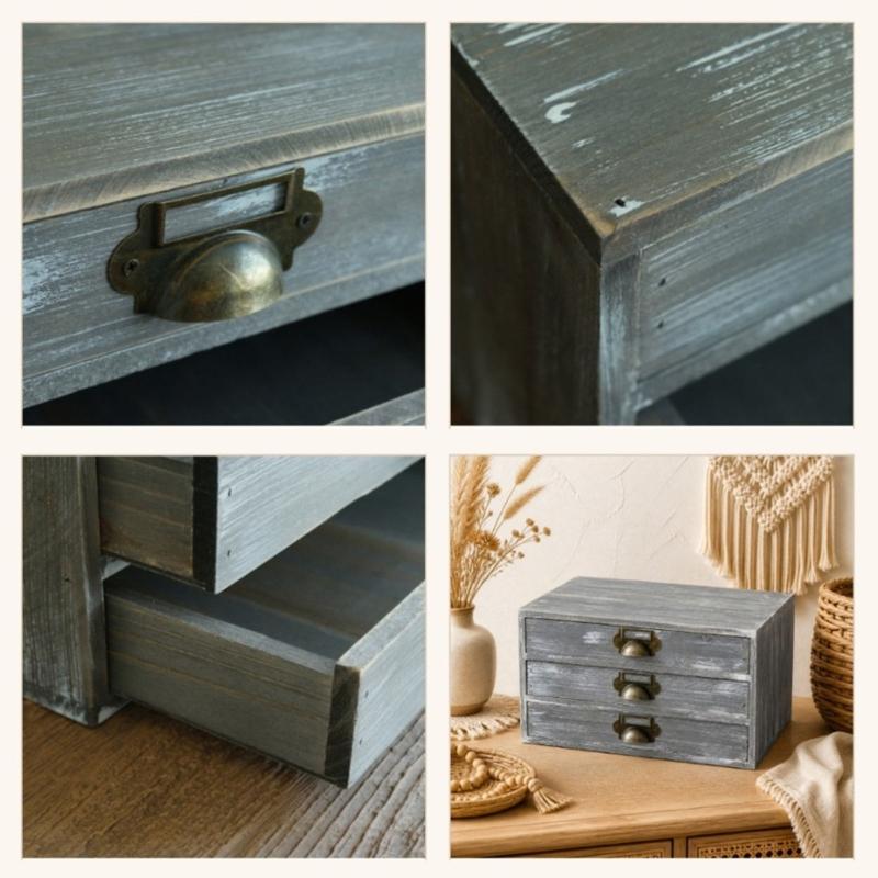 Three Compartment Wooden Desk Storage Cabinet, Tabletop Box with Metal Pulls for Mail, Jewelry, Office and Dresser Area