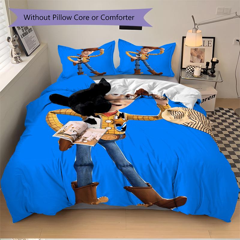 3pcs Disney Blue Woody Pattern Bedding Set, 1* Cover + 2*Pillowcases, Printed Bedding Set, Soft and Comfortable, Suitable for Bedroom and Guest R
