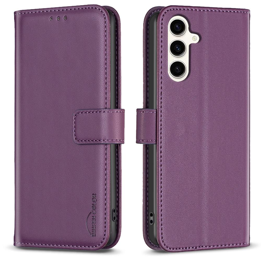 

BINFEN COLOR BF17 For Samsung Galaxy S24 FE Shell PU Leather Stand Phone Case Wallet Cover Dark Purple
