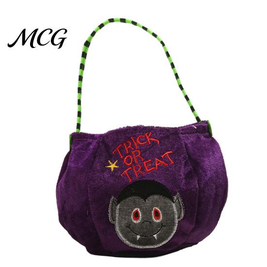 Thick Fabric Candy Pouch Halloween Trick or Treat Bucket, 9.8x5.9 Inch Pumpkin Witch Black Cat Plush Children's Tote Bag, Soft Basket with Handle for
