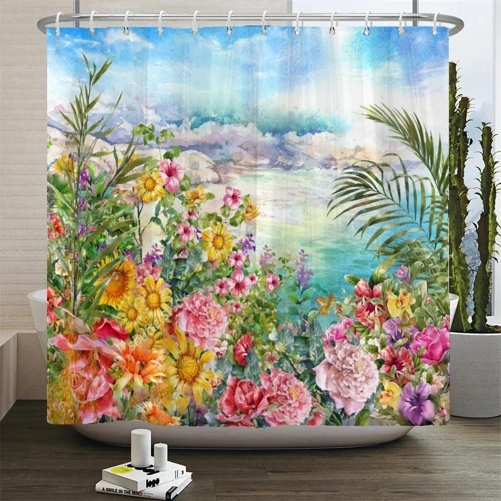 Retro Blooming Flowers Shower Curtains Bathroom Curtains Waterproof Polyester Bath Curtain With 12 Hooks Shower Curtain