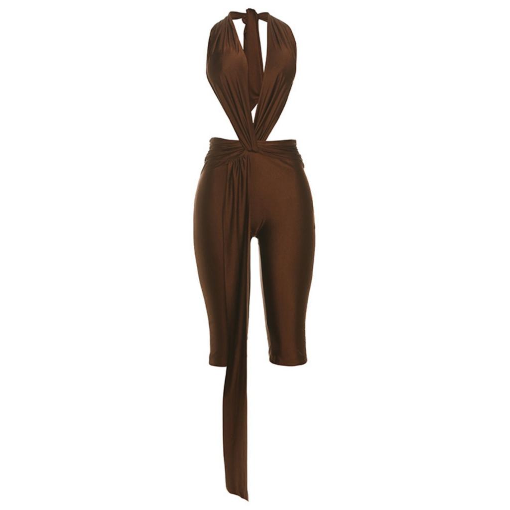 Fall European American Style Solid Color Sexy Sleeveless Halter Backless Tight Jumpsuit