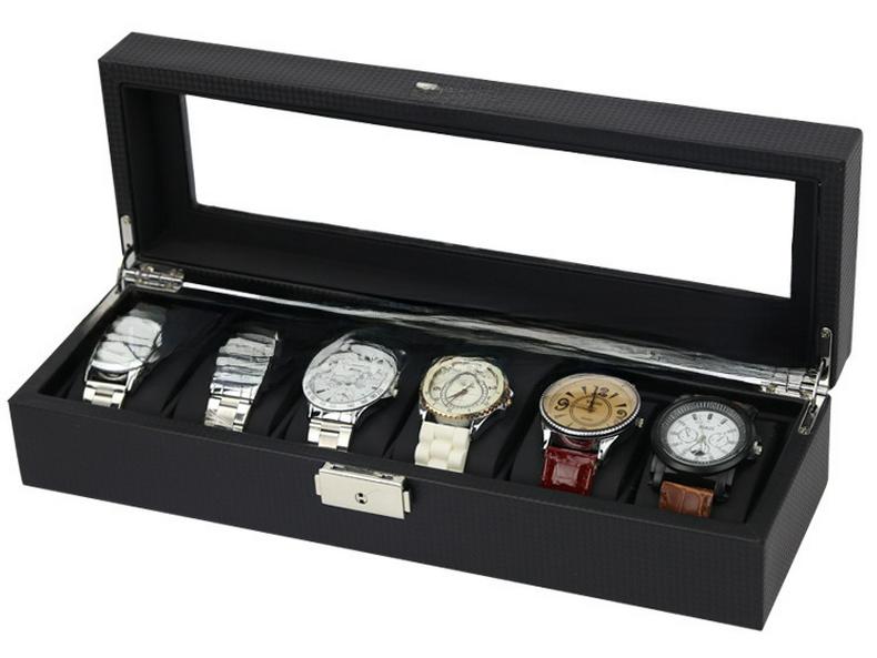 Carbon Fiber 6-Slot Leather Watch Display Box - PU Storage for 6 Watches