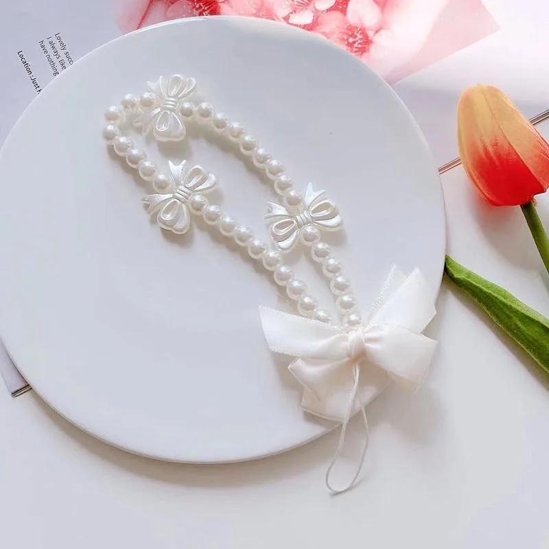 Korea Cute White Bow Heart Pearl Phone Chain for Women Girls Telephone Beaded Lanyard Anti-Lost Accessories Car Jewelry Gift