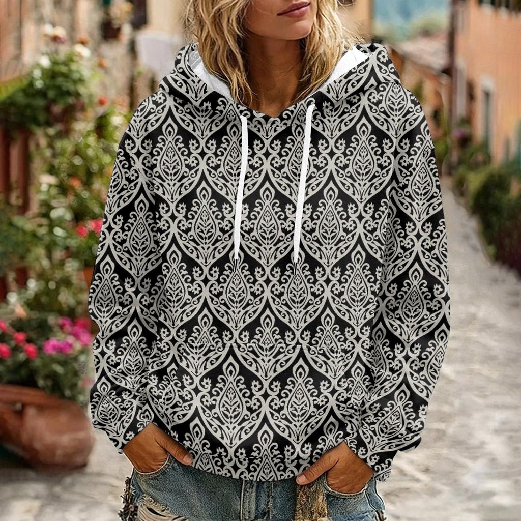 Women's Floral Print Long Sleeve Hoodie with Pocket and Casual Pullover Sweatshirt