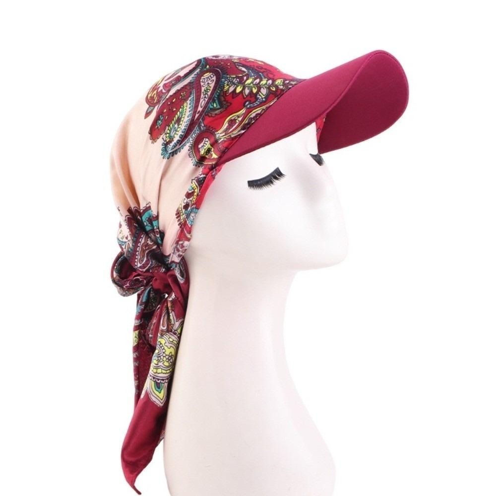 Soft Printed Satin Headscarf Hat Breathable Hijab Bonnet Chiffon Printed Visor Hat  Daily Use Dark Red