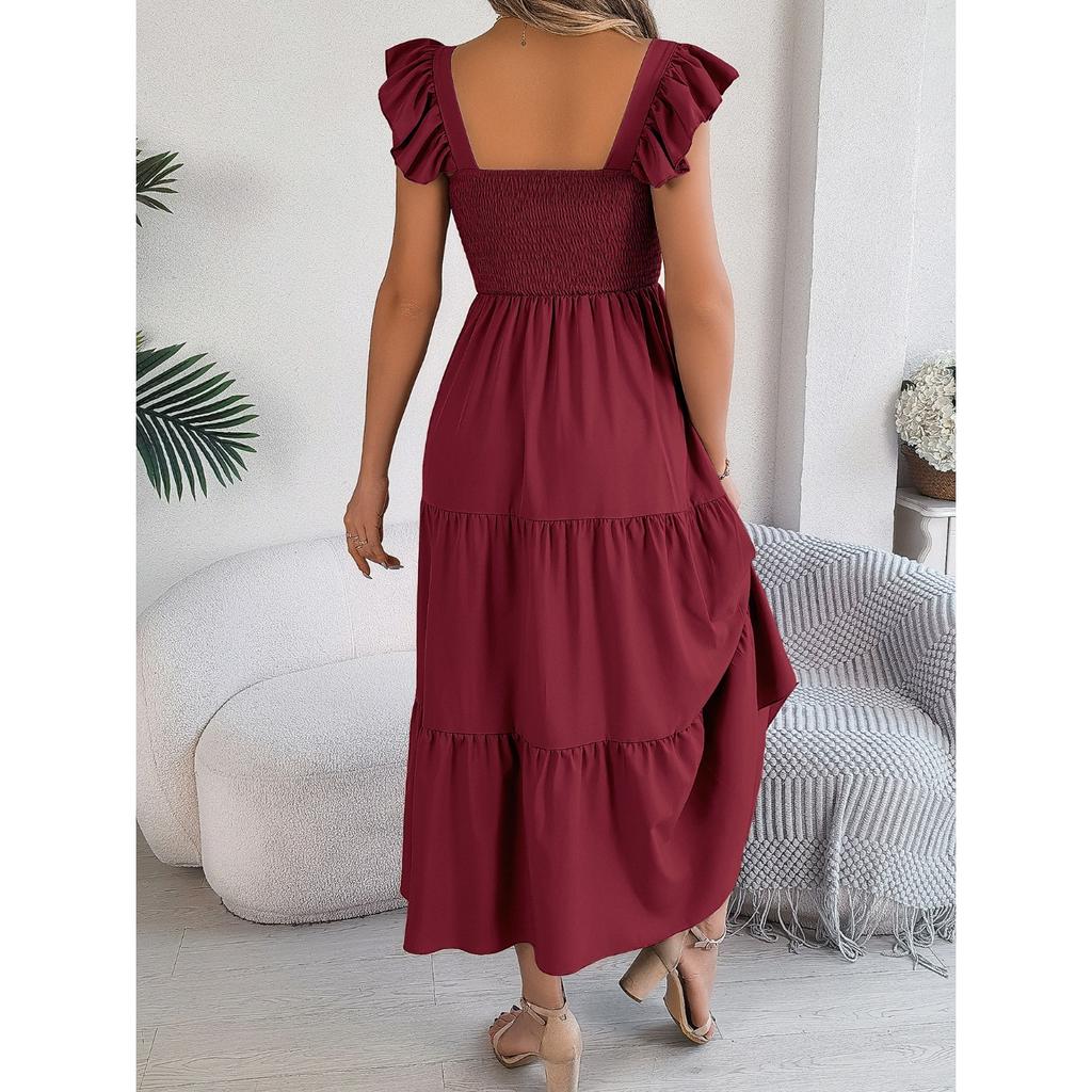 HNXC Summer Solid Color Square Neck Black Ear-trimmed Waist-cinching A-line Long Dress Women's Clothing