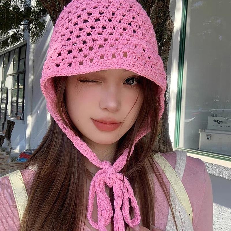 Boho Thin Hollow Handmade Crochet Hats For Women Girls Spring Summer Travel Versatile Beanies Cap Sweet Casual Turban Mesh Hat