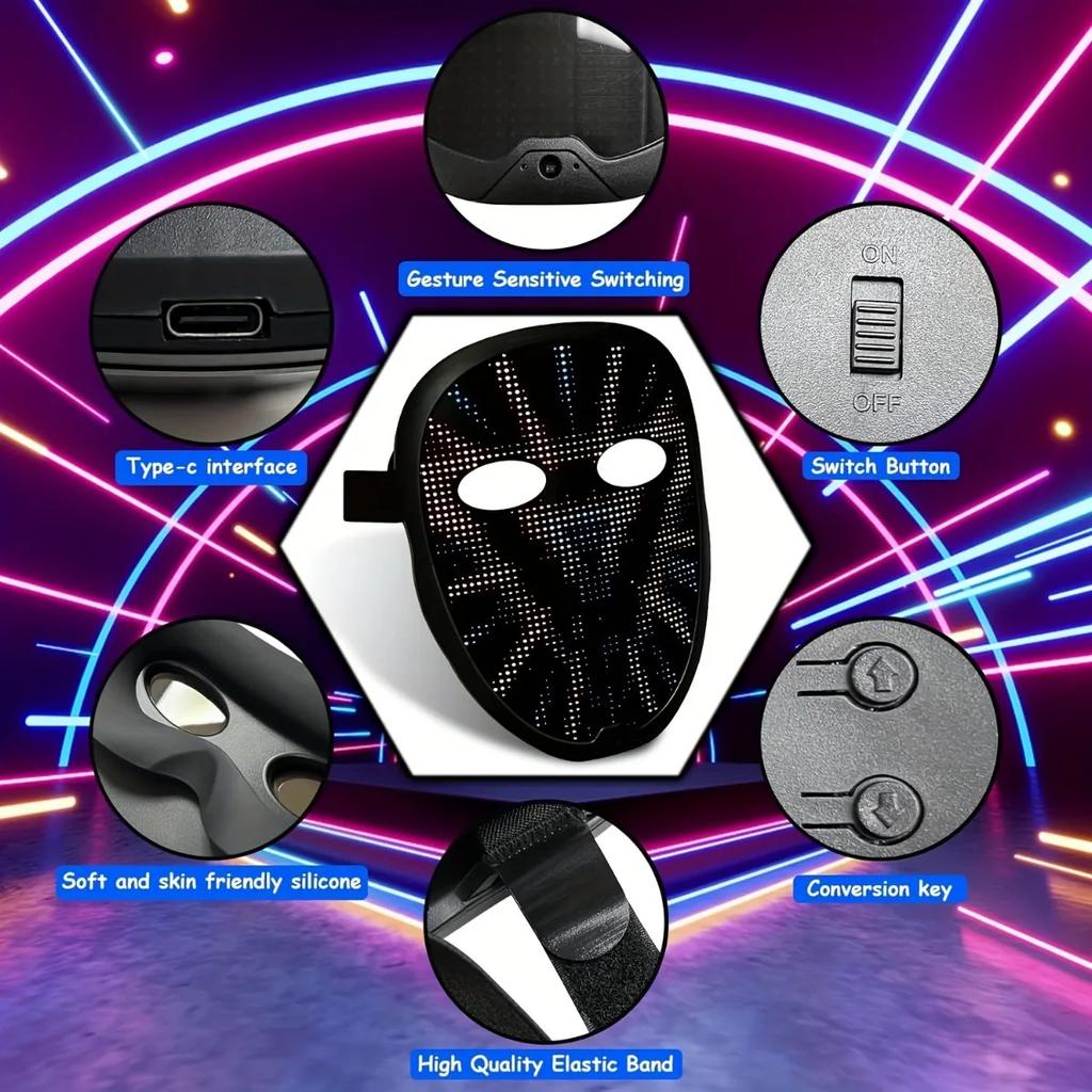 Party LED Maske mit Gesichtsveränderung und App-Steuerung, DIY Foto-Maske für Party, Bar, Musikveranstaltung, Display-Zubehör