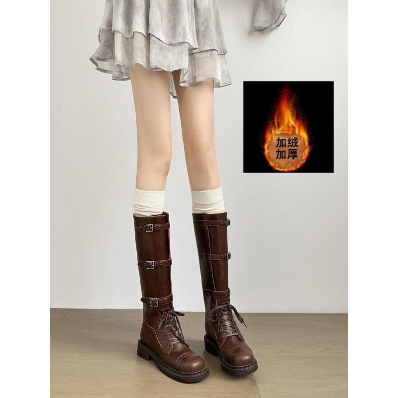 Cowhide version~ retro leather inner height increase 7cm boots fashion boots women's old knight boots belt buckle boots